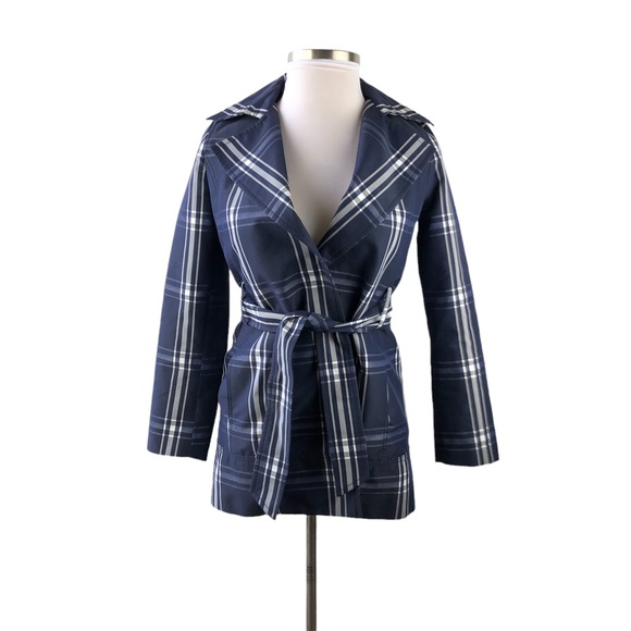 Zara Basic Plaid Trench Jacket Coat Navy H10451 - Picture 12 of 13